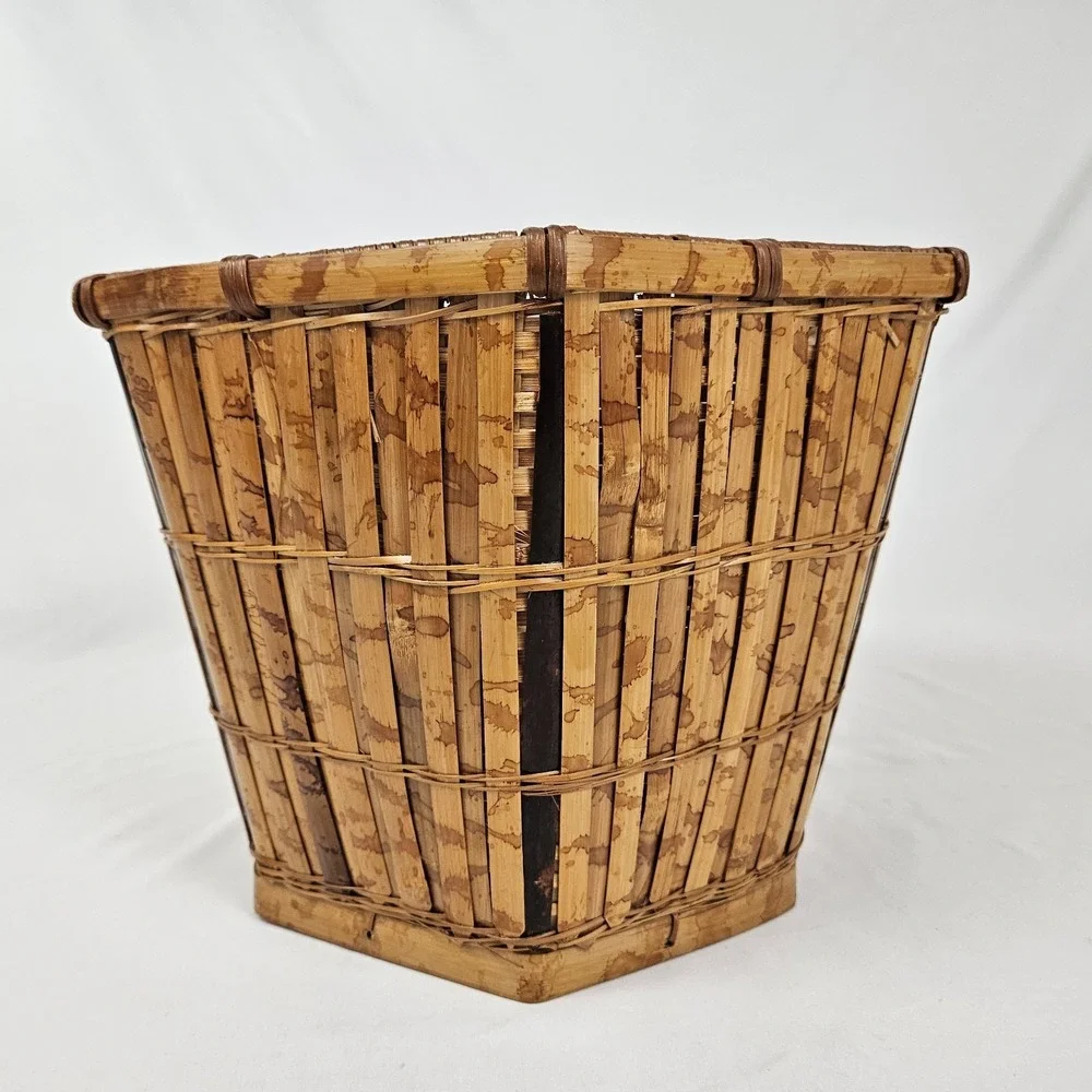 Vintage Tortoiseshell Bamboo Basket Planter Wastepaper Trash Can Boho MCM Rattan
